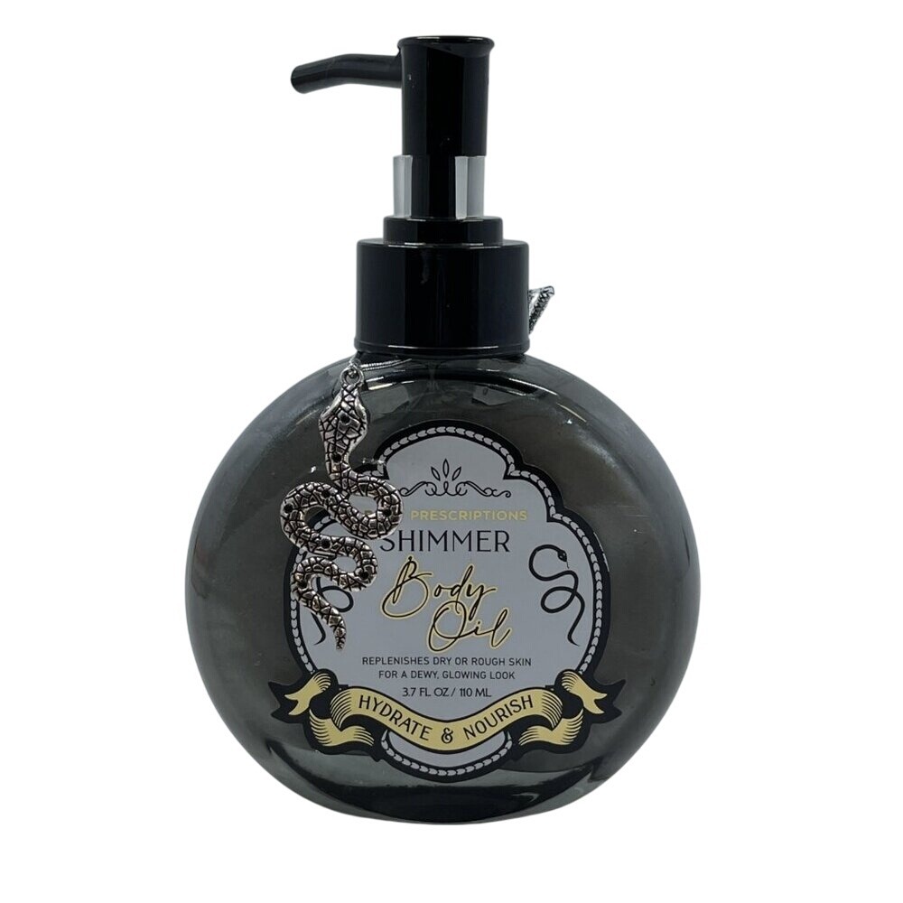 Body Prescriptions Shimmer Body Oil 3.7 Fl Oz Smoke Gray Bottle With Snake Charm